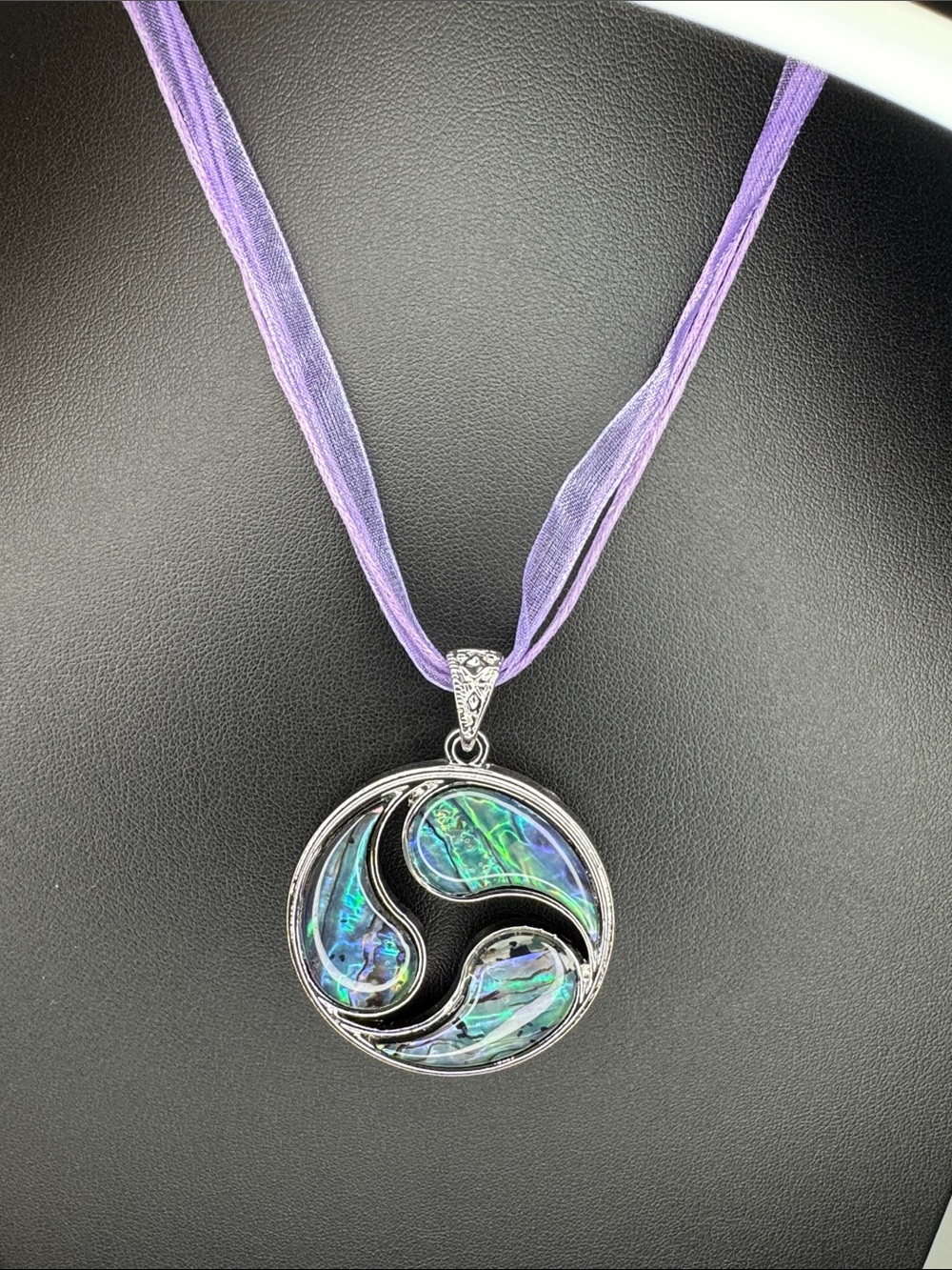 Silver Abalone Swirl Pendant Necklace with Purple Ribbon